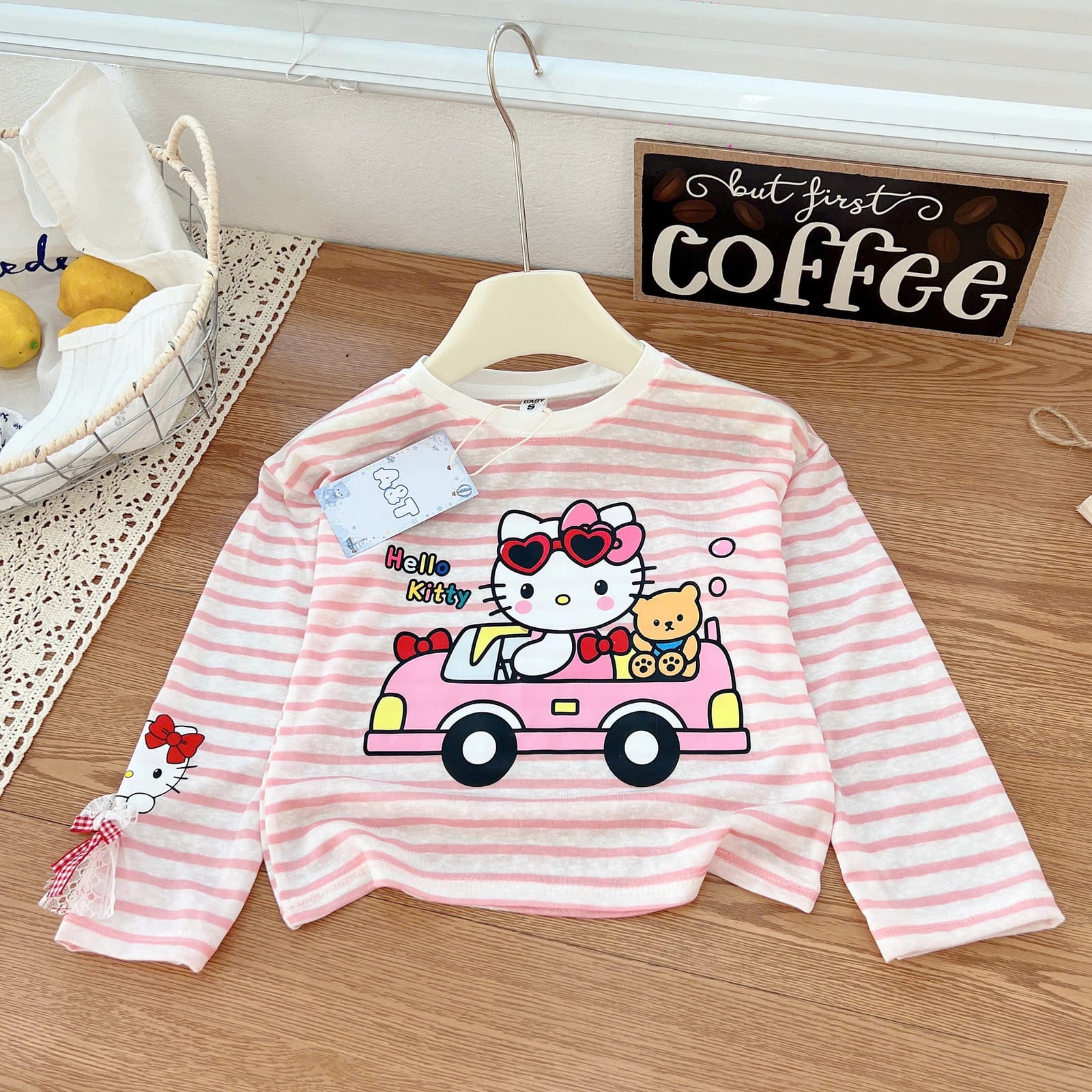 Bộ đồ ngủ cotton dài tay màu hồng nhạt